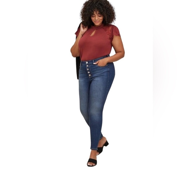 Torrid Studio Crepe Jersey Mock Neck Lace Pieced Keyhole Top - Picture 2 of 7